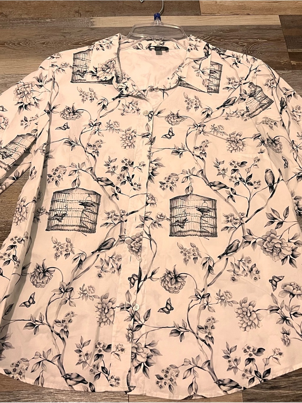 White womens Button-Up shirt with Bird & Cage Print Talbots Large Lp petite